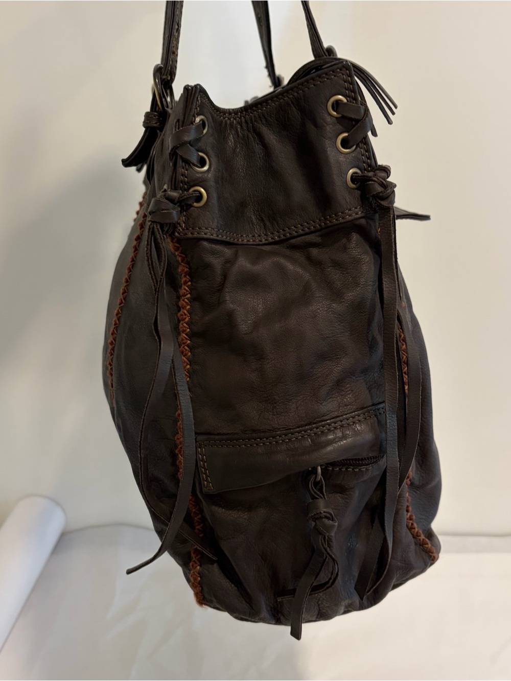 Nicoli Brown italian Leather oversized hobo fringe purse handbag shoulder bag - Picture 5 of 13